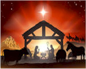 Nativity scene with Mary, Joseph, and baby Jesus under a star.