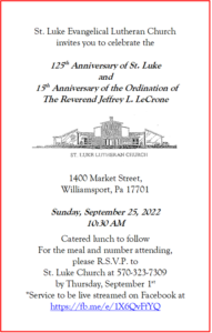 Invitation to St. Luke Evangelical Lutheran Church's 125th Anniversary and Church Dedication Celebration.