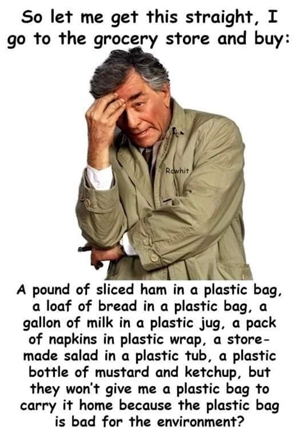 A man confused about buying a pound of sliced ham packaged in plastic.
