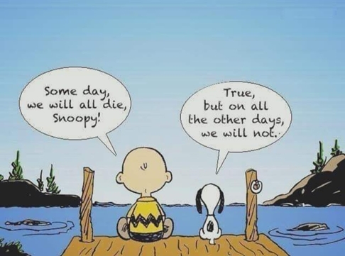 Charlie Brown and Snoopy by a lake, reflecting on life.