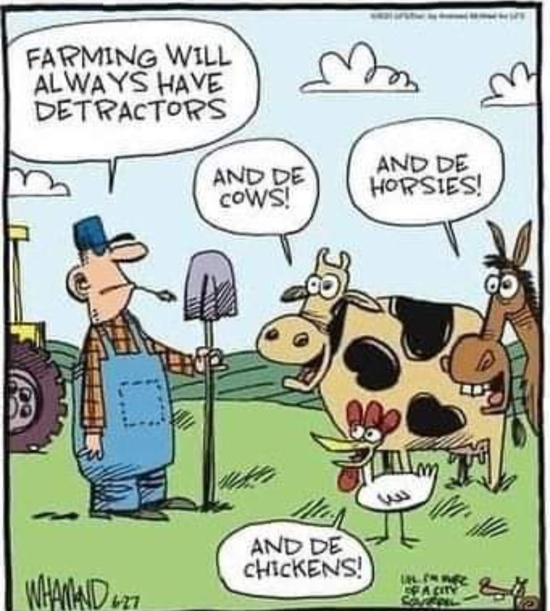 Farmer talks to a cow about farming detractors and livestock.