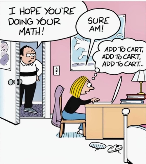 A humorous cartoon of a girl adding 'add to cart' in math homework.