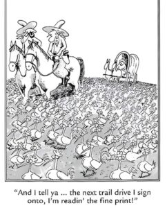 Cartoon showing a rabbit delivering carrots to a cat, questioning their quality.