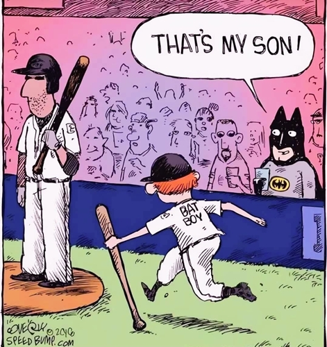 Father proudly claims a baseball player as his son, unaware of the player's impending strikeout.