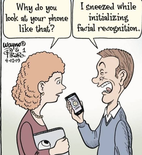 A man explains his phone's weird look due to facial recognition initialization.